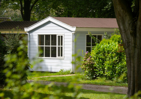 White chalet at Campsite Mareveld in the Netherlands, surrounded by lush greenery and trees in sunlight.