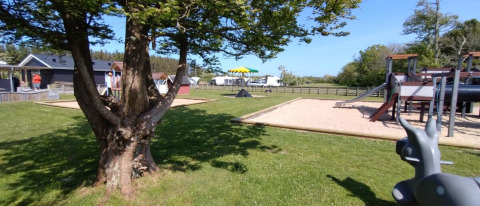 Spielplatz und Grünfläche bei Tornby Strand Camping in Nordjütland an einem sonnigen Tag mit Bäumen.