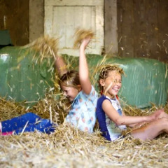 Deux enfants jouent joyeusement dans la paille à Landrijk de Reesprong, parc de vacances à Overijssel, Pays-Bas.