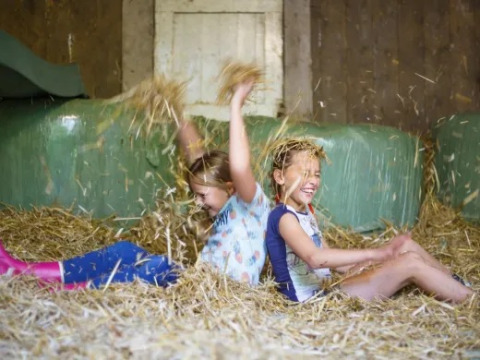 Zwei Kinder spielen fröhlich im Heu im Ferienpark Landrijk de Reesprong in Overijssel, Niederlande.