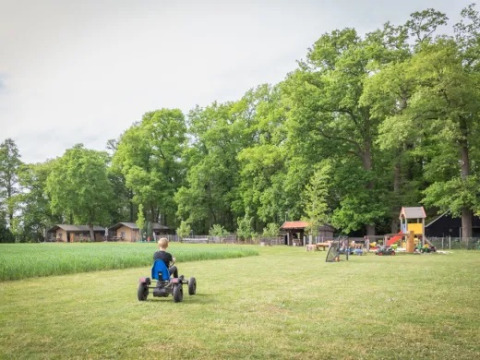 Kind fährt ein Go-Kart auf einer Wiese mit Spielplatz, Hütten und Bäumen im Landrijk de Reesprong, Overijssel.
