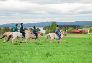 Quattro persone a cavallo sull’erba verde a Tornby Strand Camping, parco vacanze nel Nord Jutland, Danimarca.