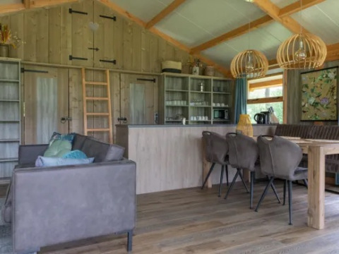 Interno della Wellness Luxe lodge a Landrijk de Reesprong nei Paesi Bassi, con arredi e dettagli in legno.