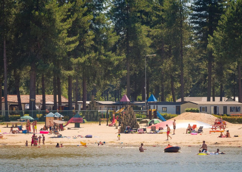 Vakantiepark Arden Parks Tulderheyde in Antwerpen met speeltuin, zandstrand en families aan het water.