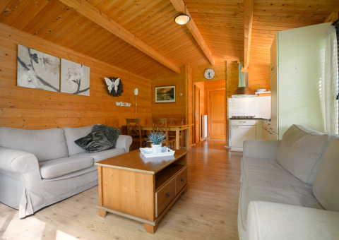 Wooden interior of a Chalet at Campsite Mareveld in the Netherlands with sofas and a small kitchen.