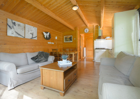 Interno in legno di Chalet al Campeggio Mareveld nei Paesi Bassi con divani e angolo cottura.