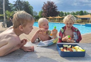 Drie kinderen zitten bij een tafel naast het zwembad in Park Drentheland, Drenthe, Nederland, met appels.
