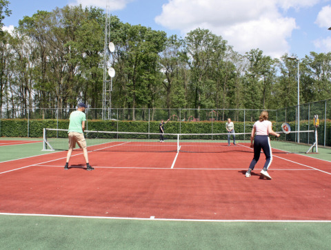 Vier mensen spelen tennis op een buitenbaan in Park Drentheland, omringd door bomen en hekwerk.