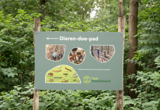 Informatiebord over het Dieren-doe-pad in Park Drentheland, Drenthe, Nederland, midden in het bos.