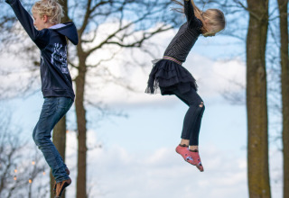 Twee kinderen springen op een luchtkussen bij Park Drentheland in Drenthe, Nederland, omringd door bomen.