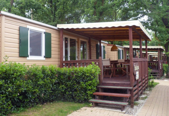 Cabaña SunLodge Redwood con porche de madera cubierto, zona de comedor exterior y vegetación al lado.