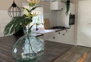 Modern kitchen in Luxe chalet at Campsite Mareveld in the Netherlands with wooden counter and flower vase.