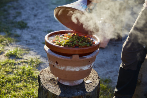 Stomende groenteschotel in een traditionele tajine bij Nordskoven Strand Camping in Denemarken.