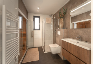 Moderne badkamer met houten kast, glazen douche, sauna, handdoekradiator en sierlijke vaas.