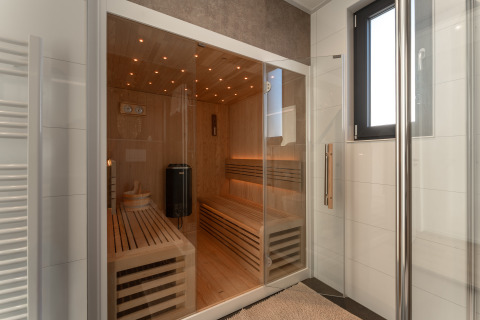 Moderne sauna met houten banken en glazen deuren in Villa Bloomingdale, MarinaPark Residentie Bloemendaal, Nederland.
