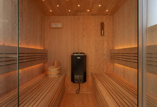 Moderne houten sauna met banken en kachel in Villa «Bloomingdale», MarinaPark Residentie Bloemendaal.