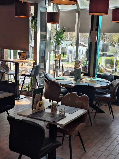 Gezellig en modern café bij een glamping met grote ramen, comfortabele stoelen en veel planten.