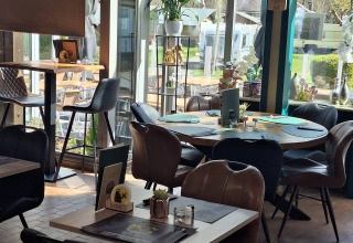 Gezellig en modern café bij een glamping met grote ramen, comfortabele stoelen en veel planten.
