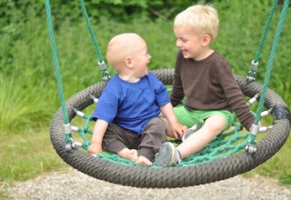 To små børn leger og smiler sammen på en rund gynge i Skovly Camping, Region Sjælland, Danmark.