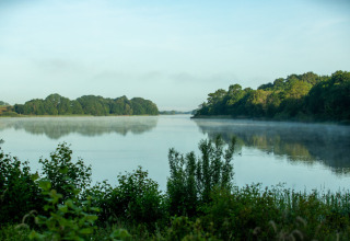 Vista de un lago tranquilo con niebla matutina y vegetación en Skovly Camping, Región de Selandia, Dinamarca.