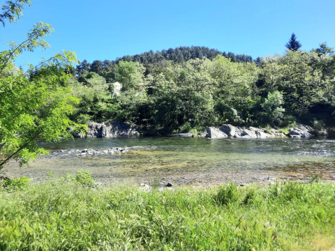 Fiume limpido con alberi verdi al Camping Paradis Family des Issoux in Alvernia-Rodano-Alpi, Francia.