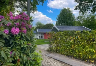 Holiday park Latour in North Brabant, Netherlands, with blooming bushes, hedges, and small cottages visible.