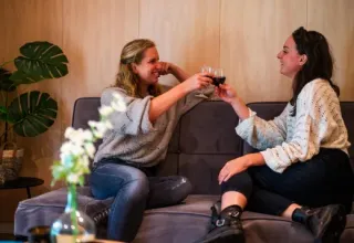 Two women clink wine glasses in a cozy living room at Holiday park Latour in North Brabant, Netherlands.