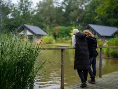 Due persone ammirano il lago al parco vacanze Latour nel Brabante Settentrionale, Paesi Bassi, circondate dal verde.