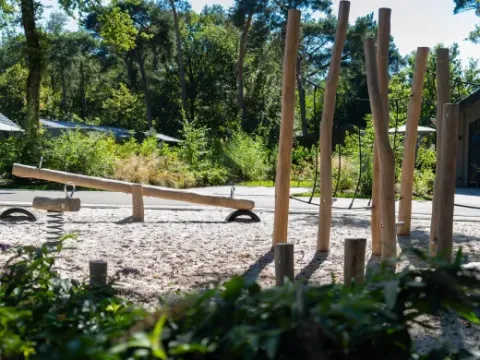 Playground at Holiday park Latour in North Brabant, Netherlands, with wooden seesaw and climbing poles outdoors.