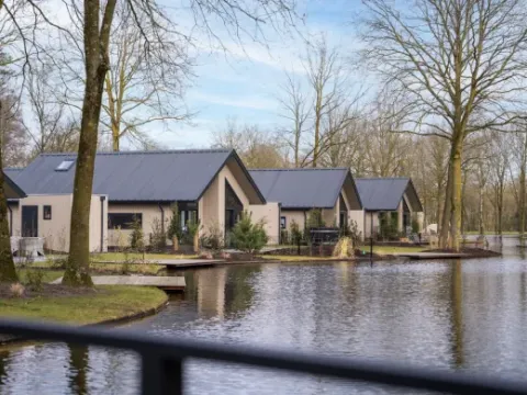 Ferienhäuser am See im Ferienpark Latour in Nordbrabant, Niederlande, umgeben von Bäumen.