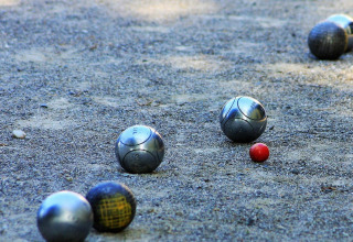 Metalkugler og en lille rød kugle på grus, fotograferet i Arden Parks Tulderheyde, Antwerpen, Belgien.