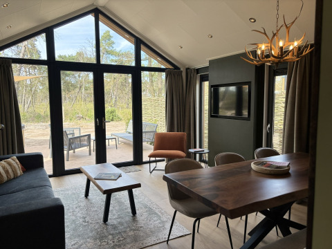 Salon de tiny house moderne avec grandes fenêtres, table à manger, canapé et vue sur la terrasse extérieure.