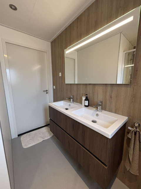 Salle de bain moderne dans une tiny house avec double vasque, murs en bois et grand miroir LED.