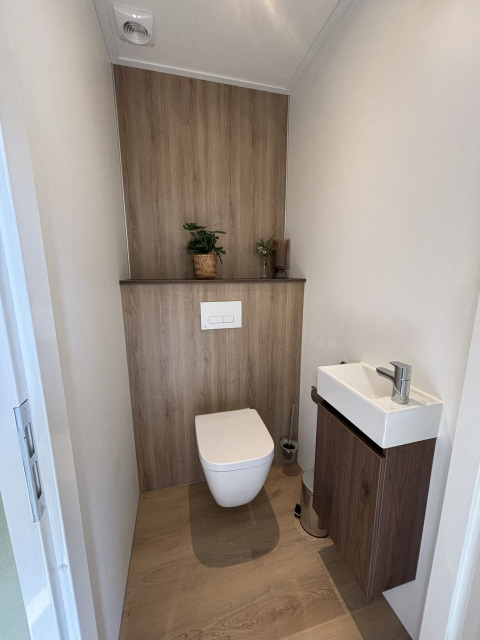 Petite salle de bain moderne dans une tiny house avec WC suspendu, lavabo étroit et décor minimal.