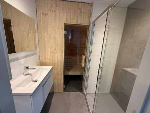 Moderne badkamer met wastafel, douche en houten saunadeur bij L-Cube, Utrechtse Heuvelrug, Nederland.