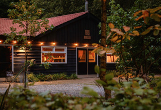 Hébergement glamping confortable en forêt avec façade éclairée, toit rouge et végétation luxuriante.