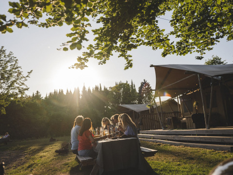 Un groupe partage un repas sur une table devant des tentes safari au cœur d’une forêt ensoleillée.