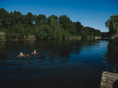 Dos personas nadan en un lago tranquilo rodeado de árboles verdes y cielo azul en un sitio de glamping.