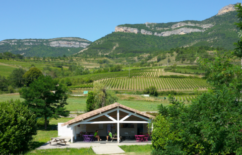 Vakantiepark Onlycamp Camping Les Tuillères met zicht op wijngaarden in Auvergne-Rhône-Alpes, Frankrijk.