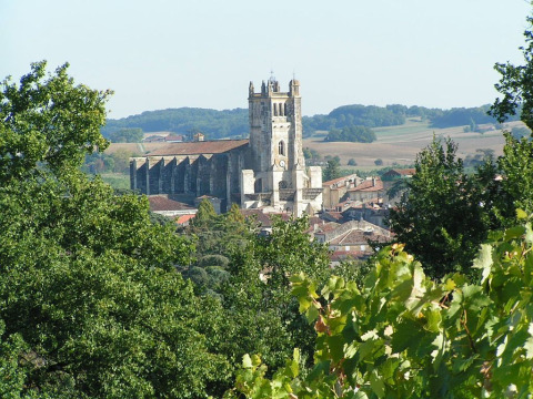 Zicht op de imposante kathedraal van Condom-en-Armagnac in Occitanie, Frankrijk, omringd door groen en velden.