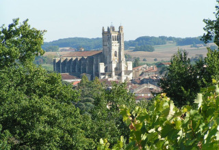 Zicht op de imposante kathedraal van Condom-en-Armagnac in Occitanie, Frankrijk, omringd door groen en velden.