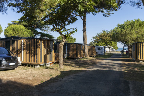 Houten chalets en campers tussen bomen op Flower Camping Le Platin - La Redoute, Île de France.