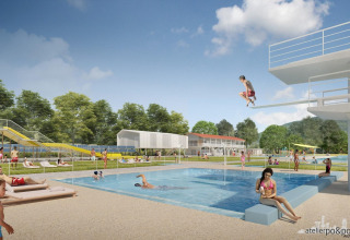 People enjoy a sunny day with a pool, water slides, and diving board at Onlycamp Camping de Besançon.