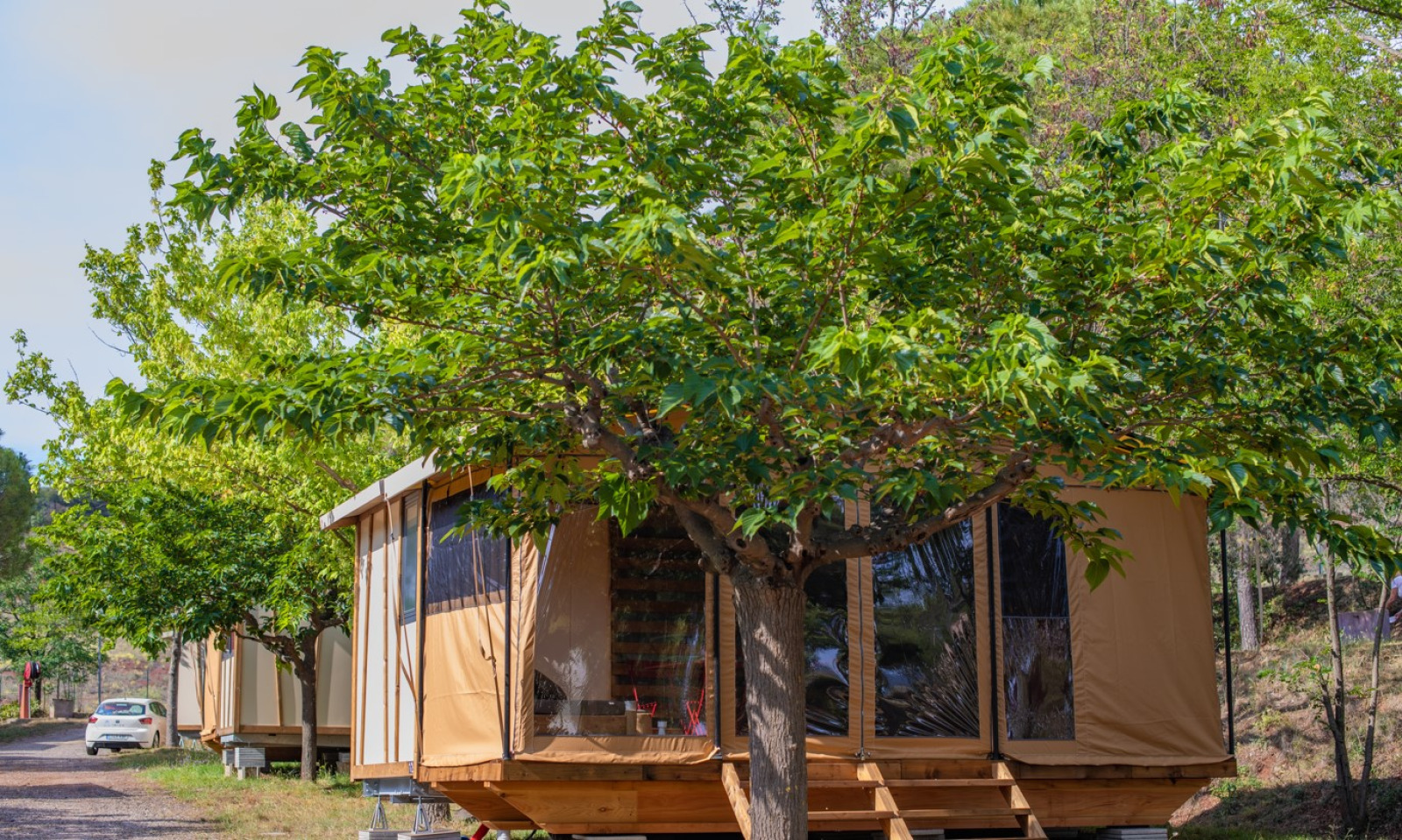 Safari-tent Tiny House Galli onder bomen bij Onlycamp Camping Les Vailhès in Frankrijk.