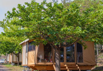 Tienda de safari Tiny House Galli bajo árboles verdes en Onlycamp Camping Les Vailhès, Francia.