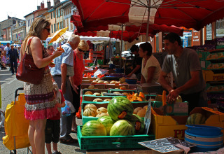People shopping for fresh fruits and vegetables at an outdoor market in Reyssouze, Auvergne-Rhône-Alpes, France.