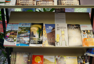 Brochures about tourist attractions and activities in Besançon displayed on an information shelf in France.