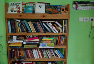 Estantería de madera llena de libros y cómics contra una pared verde en Onlycamp Camping de Besançon, Francia.
