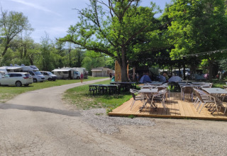 Buitenkampeerplaats met caravans, auto’s en zitplaatsen in de schaduw van bomen bij zonnig weer.