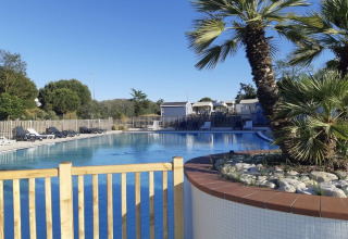 Udendørs swimmingpool med solsenge, palmer og hytter i Flower Camping Le Platin - La Redoute, Île de France.